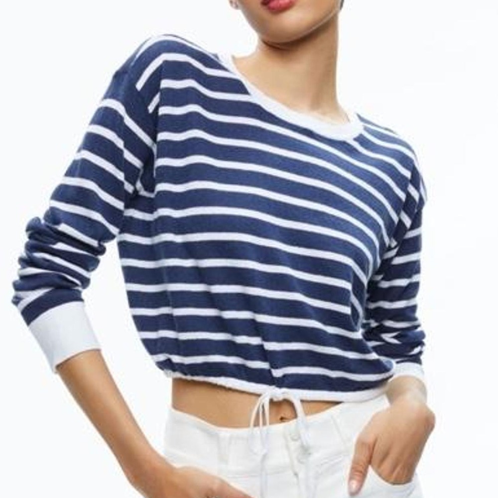 Alice & Olivia Bernetta Cropped DrawstringSweater Navy White Stripe Linen Cotton